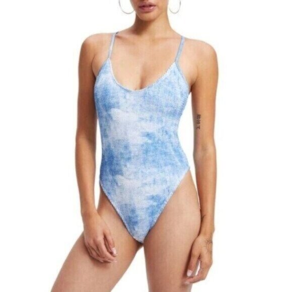 NWT Good American Always Fits One Piece Swimsuit 3/4 Indigo Tie Dye L/XL Stretch - Picture 3 of 9